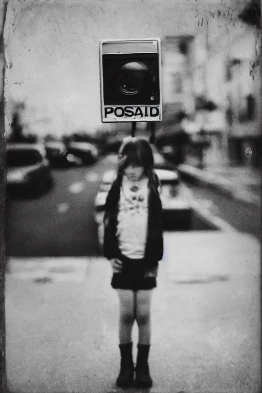 Image similar to polaroid photo of sad and lonely child in the middle of an empty street in a big city, wet collodion technique, photorealistic, 35mm film, lens 85mm, f2.8, black and white, polaroid, view camera.