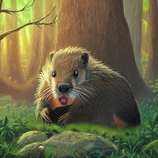 Image similar to a very angry beaver, magical woodland setting, fancy lighting