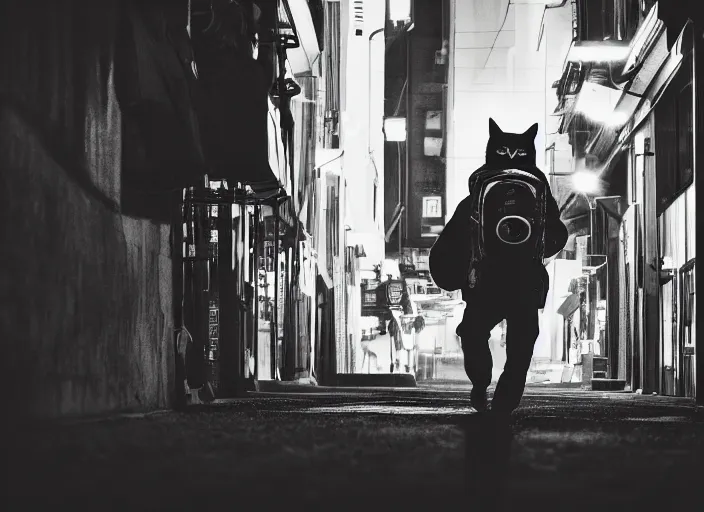 Image similar to photography of a Cat carrying a backpack . in a cyberpunk street. award winning photo, led lighting, night, 24mm, sharp, high res