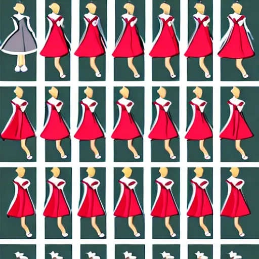 Prompt: walking animation sprite sheet of a girl in a renaissance dress, walking to the right, each sprite is a different frame of the animation