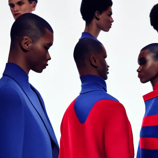 Image similar to fashion by Hugo Boss incorporating red white and blue, brutalist fashion show, studio lighting