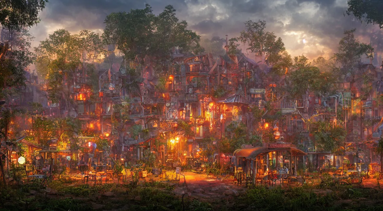 Prompt: a steampunk village in a forest at sunset, suns rays, rain, lush vegetation, junk everywhere, neon signs, magical atmosphere, mist, photo realistic, 35mm, octane render, 8k, guido borelli da caluso