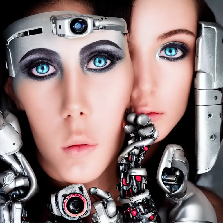 Image similar to “ a realistic photo of a cyborg beauty queen robot with a perfect face and stunning eyes looking at the the camera, fashion photography, 5 5 mm f 2. 8 canon ”