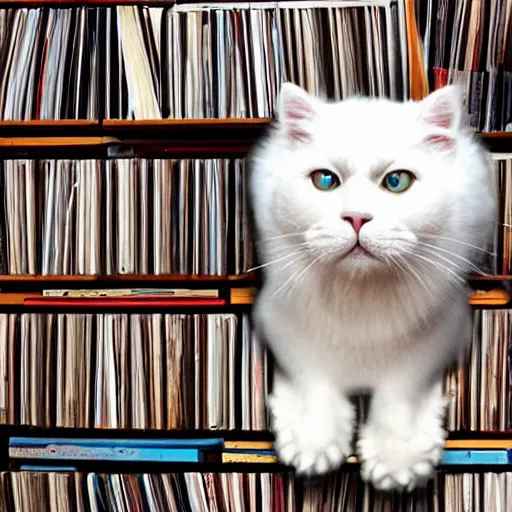 Prompt: a fluffy white cat wearing headphones, listening to recordplayer, surrounded by crates and stacks of vinyl records