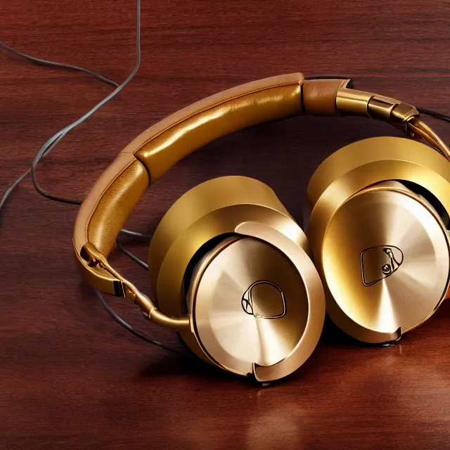 Prompt: masterpiece photo of beautiful hand crafted artistic gold metal headphones, bismuth rainbow metal, bismuth cups, plush leather pads, displayed on mahogany desk, modernist headphones, bismuth beautiful well designed, hyperrealistic, audiophile, intricate hyper detail, extreme high quality, photographic, audeze, sennheiser, bang olufsen, abyssal