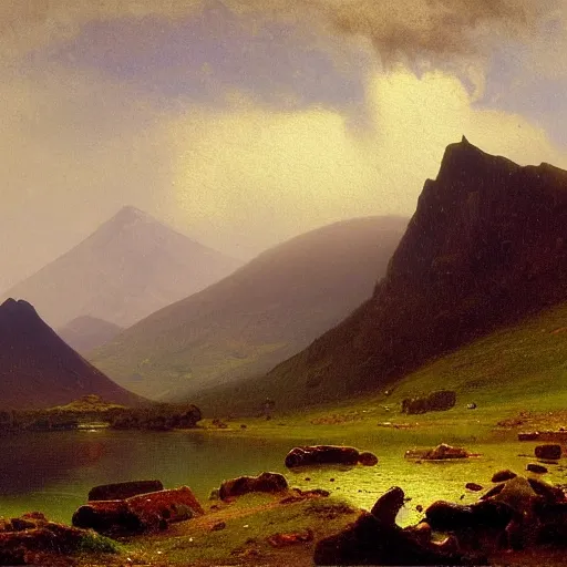 Image similar to painting of the mountains of mourne in ireland by albert bierstadt