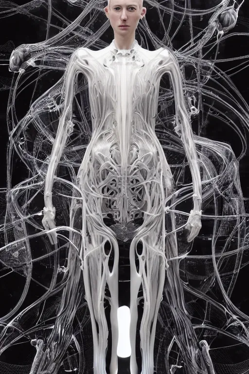 Image similar to iris van herpen, perfect symmetrical body, full body shot, inflateble shapes, wires, tubes, veins, jellyfish, white biomechanical details, wearing epic bionic cyborg implants, masterpiece, intricate, biopunk, vogue, highly detailed, artstation, concept art, cyberpunk, octane render