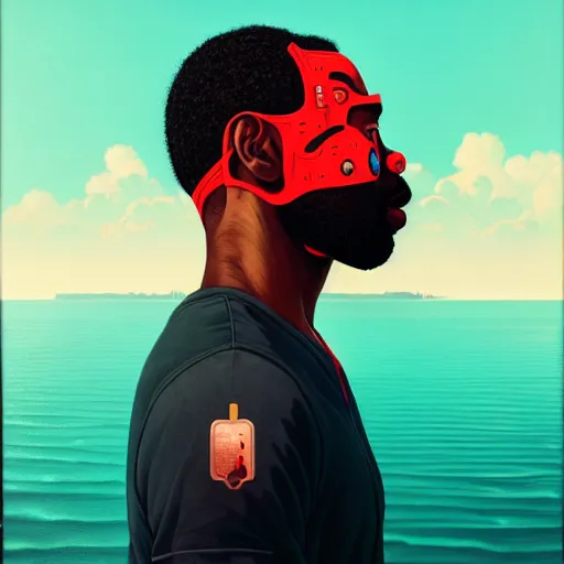 Image similar to a portrait of a black man :: side profile blood :: background sea :: intricate details :: futuristic oxygen mask :: 8k :: simon stalenhag and Sandra Chevrier