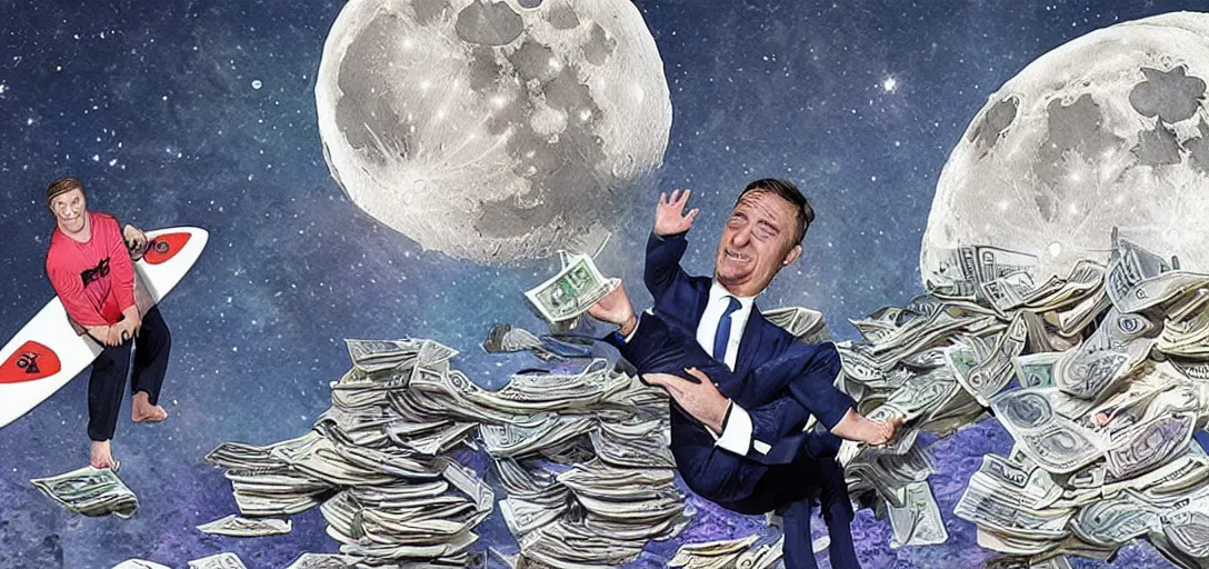 Image similar to mr beast surfing on money beyond the moon