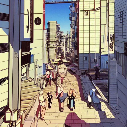 Image similar to japanese town, neighborhood, modern neighborhood, japanese city, underground city, modern city, tokyo - esque town, 2 0 0 1 anime, cel - shading, compact buildings, art by syd mead