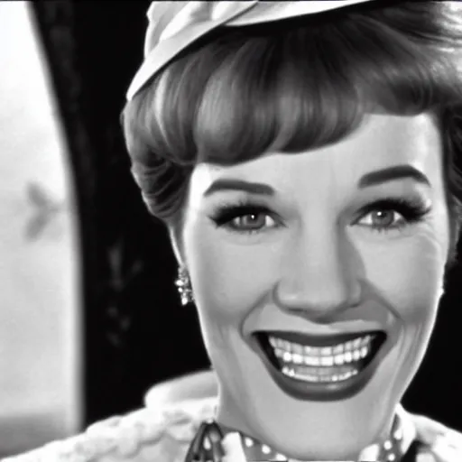 Image similar to Julie Andrews Mary Poppins from Disney 1964 smiling and winking with one eye, Still from Mary Poppins (1964)