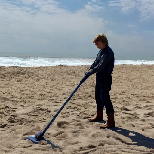 Prompt: Luke Skywalker vacuuming the beach to remove sand, professional photo, 4k, 35mm