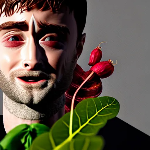 Image similar to hybrid of daniel radcliffe and a!! radish!!, film still,!! red skin!!,!! leaf ears!!, professional makeup, unreal engine 5, render, seeds, 8 k, trending on artstation