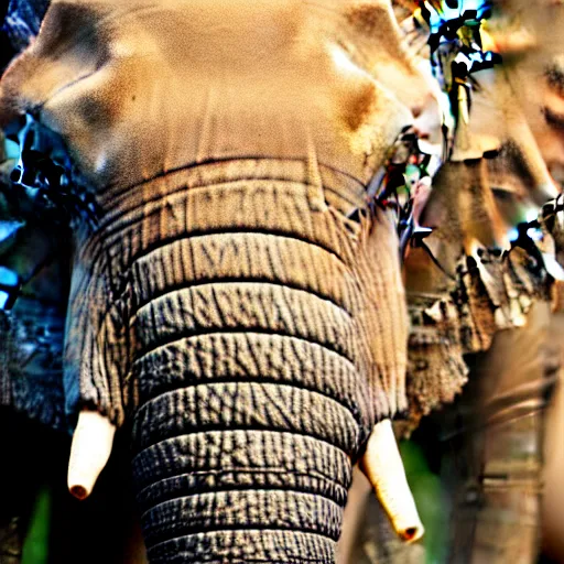 Image similar to a detailed, close - up photograph of an elephant with tiger skin