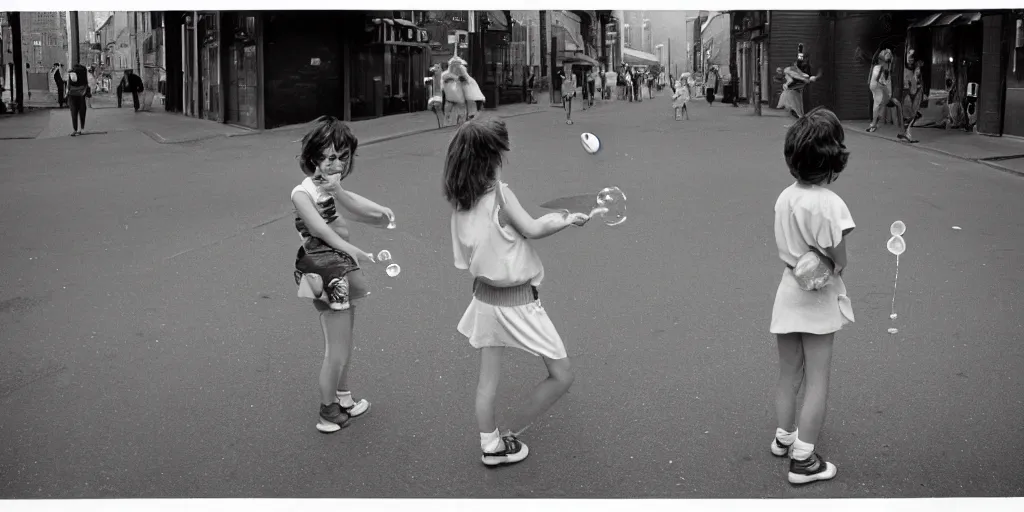 Prompt: street, 2 tomboys blow gum bubbles, 1 9 8 0 s film photography, exposed b & w photography, christopher morris photography, bruce davidson photography, peter marlow photography