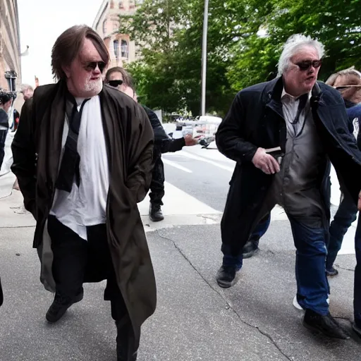 Image similar to the boondock saints approaching steve bannon outside of court