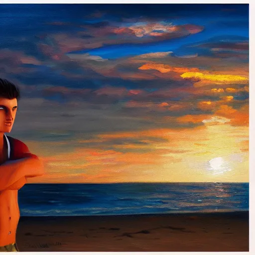 Image similar to a teen guy with mullet, portrait, sunset, ocean in distance, oil painting, pale colors, high detail, 8 k, wide angle, trending on artstation,