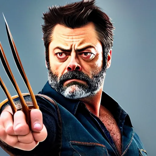 Image similar to logan wolverine with claws off his wrist as nick offerman, photorealistic mervel movie still, detailed, 8 k