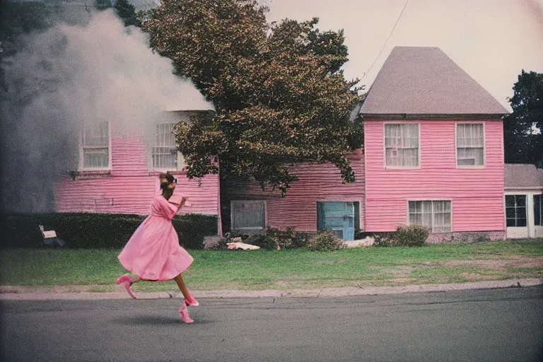 Prompt: vintage kodak film photography from 7 0 s with pro mist filter, woman running against pink house with many windows, in style of joel meyerowitz