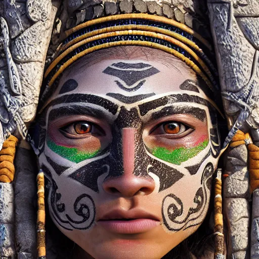 Image similar to portrait of a young mayan jaguar warrior, beach pic, depth of field, zeiss lens, detailed, symmetrical, centered, fashion photoshoot, by annie leibovitz and steve mccurry, david lazar, jimmy nelsson, breathtaking, 8 k resolution, extremely detailed, beautiful, establishing shot, artistic, hyperrealistic, beautiful face, octane render