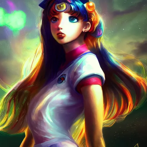 Image similar to A portrait of Sailor-Moon, huggy wuggy from poppy playtime video game, fullbody, ultra high detailed, glowing lights, oil painting, Greg Rutkowski, Charlie Bowater, Beeple, unreal 5, DAZ, hyperrealistic, octane render, RPG portrait, dynamic lighting, fantasy art, beautiful face