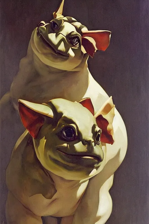 Image similar to bulbasaur, painting by jc leyendecker!! phil hale!, angular, brush strokes, painterly, vintage, crisp