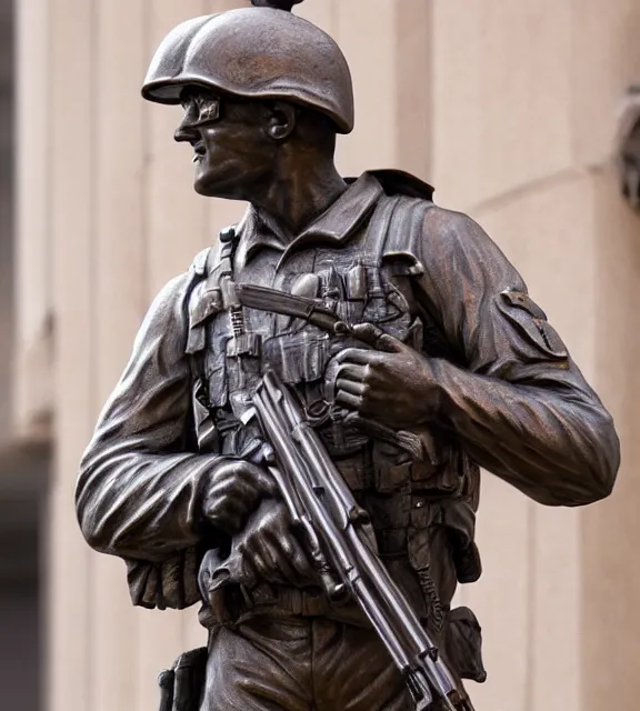 Image similar to a 4 k photorealistic photo medium shot of a bronze statue of an american soldier holding a rifle