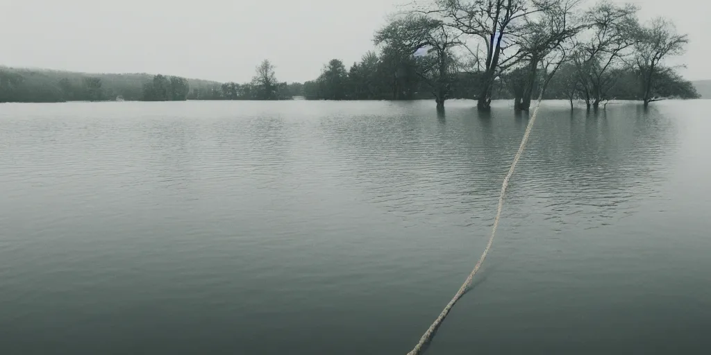 Image similar to an infinitely long rope floating to surface of water snaking zig zag in the center of the lake, overcast lake, 2 4 mm leica anamorphic lens, moody scene, stunning composition, hyper detailed, color kodak film stock
