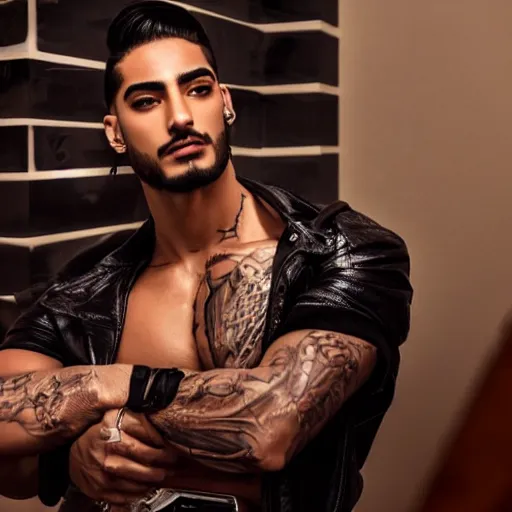 Image similar to a realistic detailed photo of a guy who is an attractive humanoid who is half robot and half humanoid, who is a male android, singer maluma, shiny skin, posing like a statue, blank stare, in a living room, on display, showing off his muscles