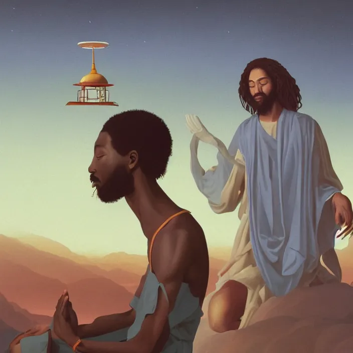 Image similar to a UFO hovering over an African Jesus, painting by Hsiao-Ron Cheng,