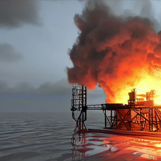 Image similar to oil platform, huge explosion with, vray, pathtracing