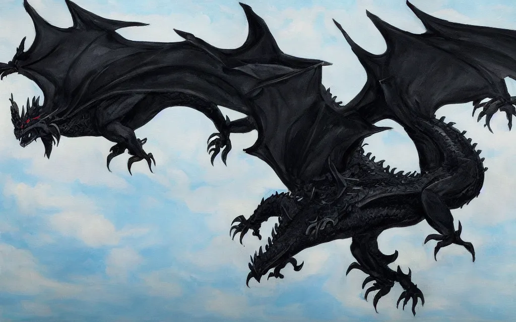 Image similar to “a painting of a singular large black dragon in flight”