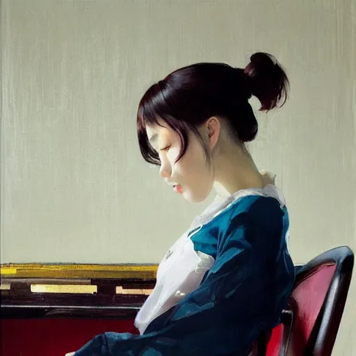 Prompt: oil painting by wlop, conrad roset, coby whitmore, of a youthful japanese beauty sitting on antique chair leaning against a desk, sideview, victorian room