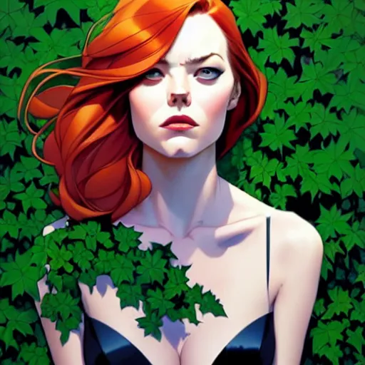 Image similar to joshua middleton, phil noto, artgerm, emma stone poison ivy dc comics, vines, symmetrical eyes, city rooftop