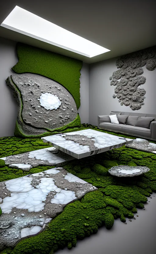 Image similar to highly detailed ultra sharp 3 d render villa interior cinematic composition of a smooth ceramic porcelain biomorphic magnolia stone nebula fluid fractal sci - fi surreal architecture landscape, granite, metallic, magnesium, marble, moss and lichen, vincent callebaut composition, mamou - mani, archviz, beautiful lighting, 8 k, unreal engine, hdr,