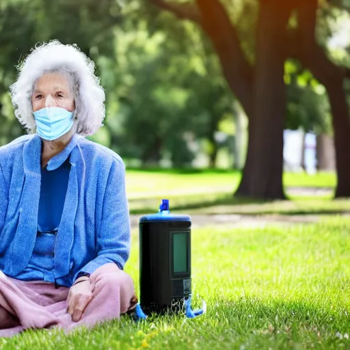 Image similar to an older woman sitting in a park using an oxygen tank. the oxygen tubing is attached to her nose, 4 k,