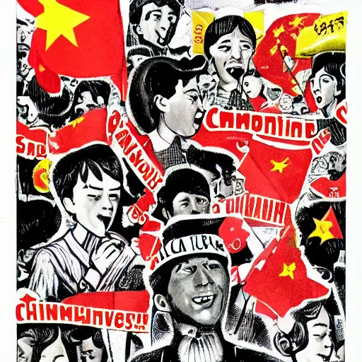 Prompt: a communist revolution in Candy Land, 1960s illustration, high quality, collage in the style of Klaus Voormann and Chinese Propaganda, album cover