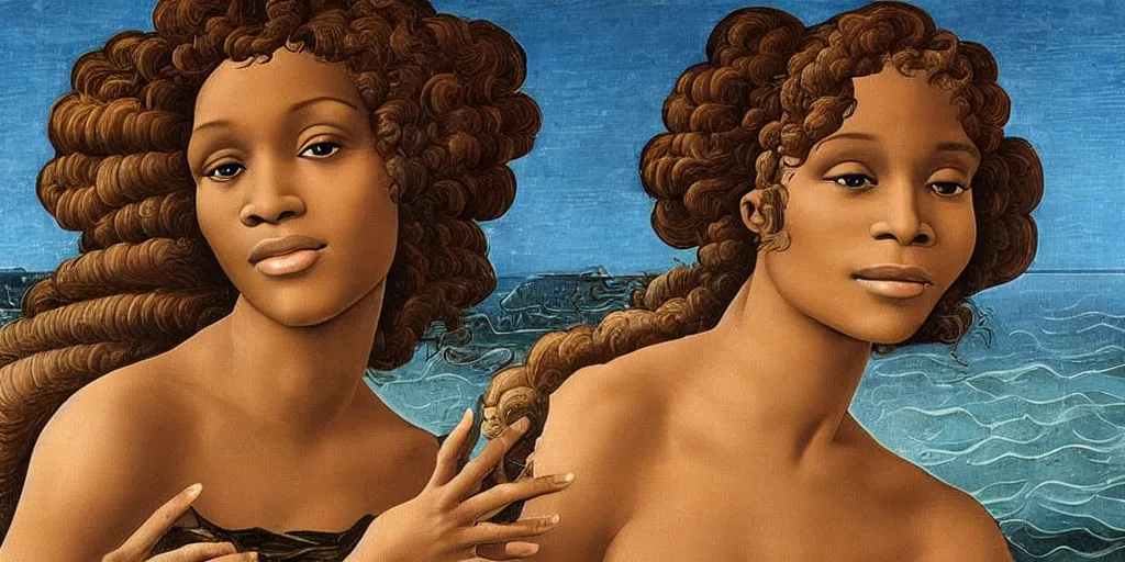 Image similar to Whitney Houston as Botticelli\'s The birth of Venus as a pretty African Black woman with short black hair and black skin rising from the sea on a shell, accurate face