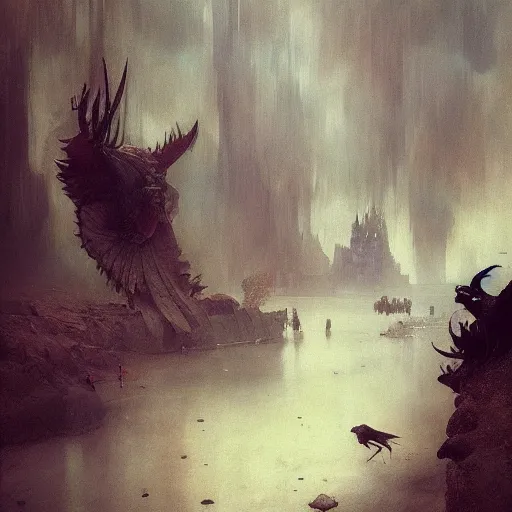 Image similar to Exterior Desert Oasis wrathful physique demonic crow wearing a man costume Jan Van eyck greg rutkowski ilya repin christophe young bastien lecouffe-deharme ismail inceoglu odd nerdrum dragan bibin john steuart curry