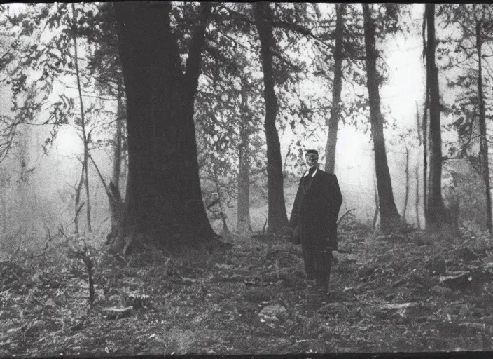 Image similar to sinister black and white old photography of a tall man in the woods