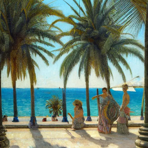 Image similar to a ultradetailed beautiful painting of the amazonas palace balustrade designed by jules bastien - lepage, tarsila do amaral, frank weston and gustave baumann, beach, trending on artstation, mediterranean, palm trees, detailed face, sharp focus, soft light, 8 k 4 k