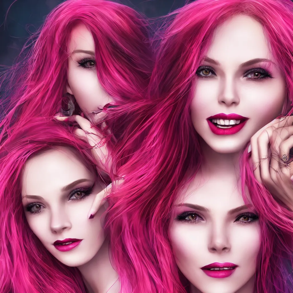 Prompt: ultra realistic portrait of a hot witch , colorful hair, pink lips, gorgeous smile, stunning, hottest, 8K resolution, deviantart,