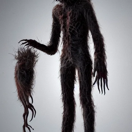 Image similar to standing photorealistic detailed tall skinny humanoid creature with fur, extremly detailed, 8 k, realistic, sharp focus, cosmic horror creature, cosmic horror, from the movie the thing