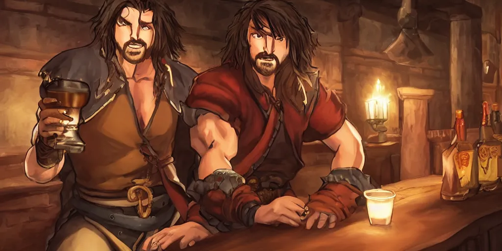 Image similar to Trevor Belmont from Castlevania, enjoying a pint of ale at a tavern, digital art, HDR, happily smiling, holding the pint of ale, sitting at the bar, warm lantern lighting.