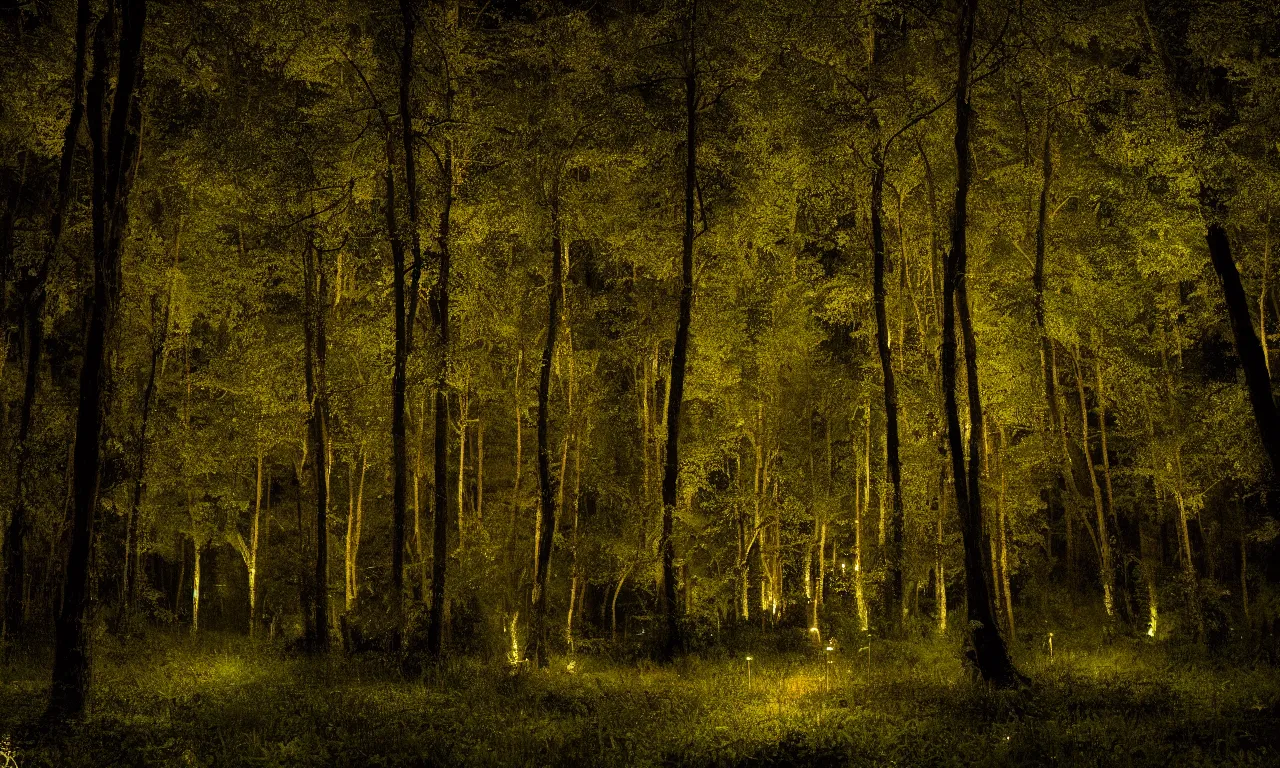 Prompt: a professional photograph of a beautiful forest at night, there is fireflies. it is really quiet and serene. Ultra HD wallpaper.