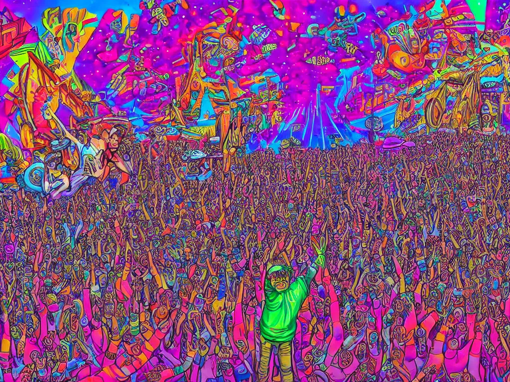 Image similar to rapping on stage at festival, holding microphone, giant crowd, epic angle, happy, psychedelic, hip hop, surreal, neon, vaporwave, detailed, illustrated by Alex Grey, 4k