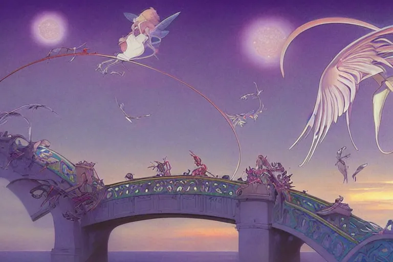 Prompt: Surreal, bridge between the worlds, fairy magnificent, elegant, art nouveau, white sweeping arches, surreal hybrid animals of neon colors in the sky, dramatic lighting, by Studio Ghibli, Brom,