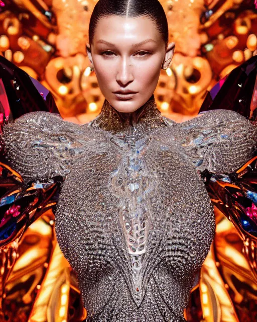 Image similar to a highly detailed metahuman 8 k close up render of bella hadid renaissance in iris van herpen dress in diamonds crystals swarovski and jewelry iridescent in style of gustav klimt on artstation made in unreal engine 4