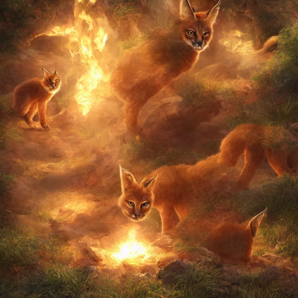 Image similar to many cute fluffy caracals, fire, magic, fantasy epic legends stylized digital illustration radiating a glowing aura global illumination ray tracing hdr fanart arstation, 8 k