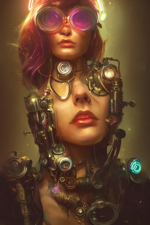 Image similar to portrait of a psychedelic steampunk girl with biotechnical parts and neon light by Artgerm and Greg Rutkowski , digital painting, highly detailed, trending on artstation